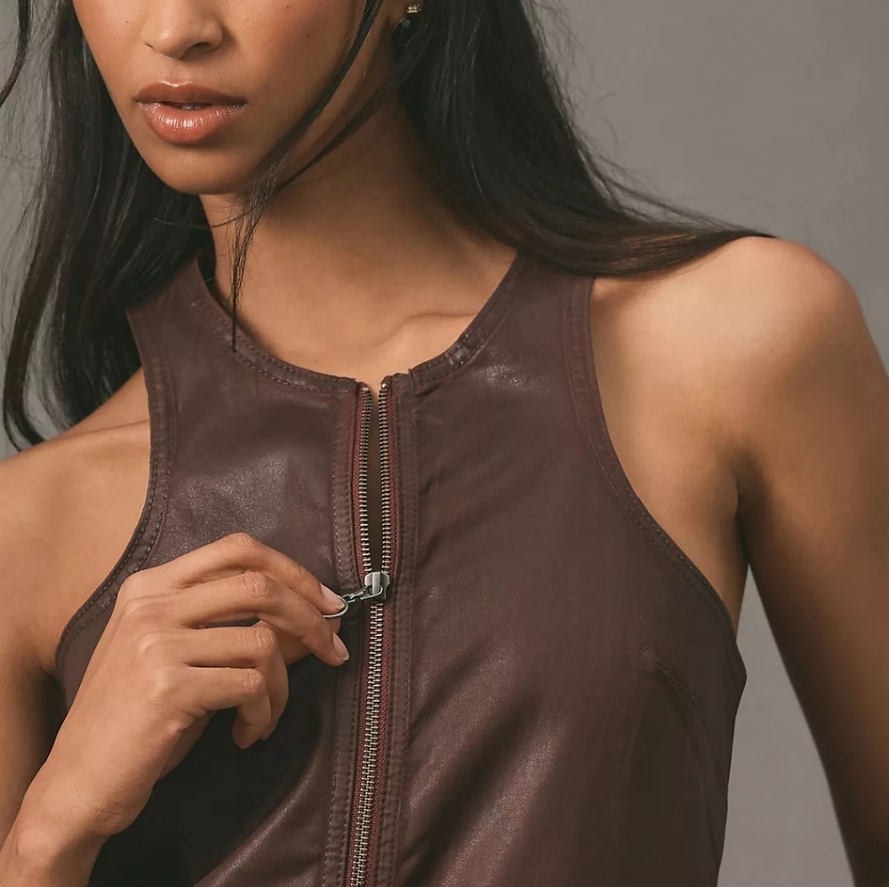 Pilcro Anthropologie Pilcro Coated Crewneck Zipper Mini Dress Brown - Size 16 - Picture 2 of 3